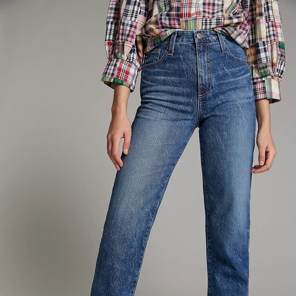 NWT AG The Alexxis Ultra High-Rise Frayed Hem Straight Jeans in Denim Dark - Picture 5 of 8